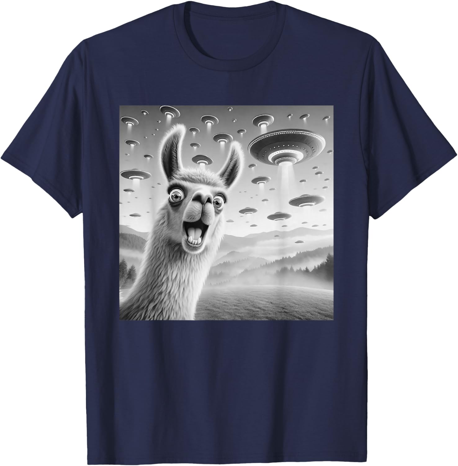 Llama Selfie UFO alien surprised Llama T-Shirt - T-Shirt | Navy