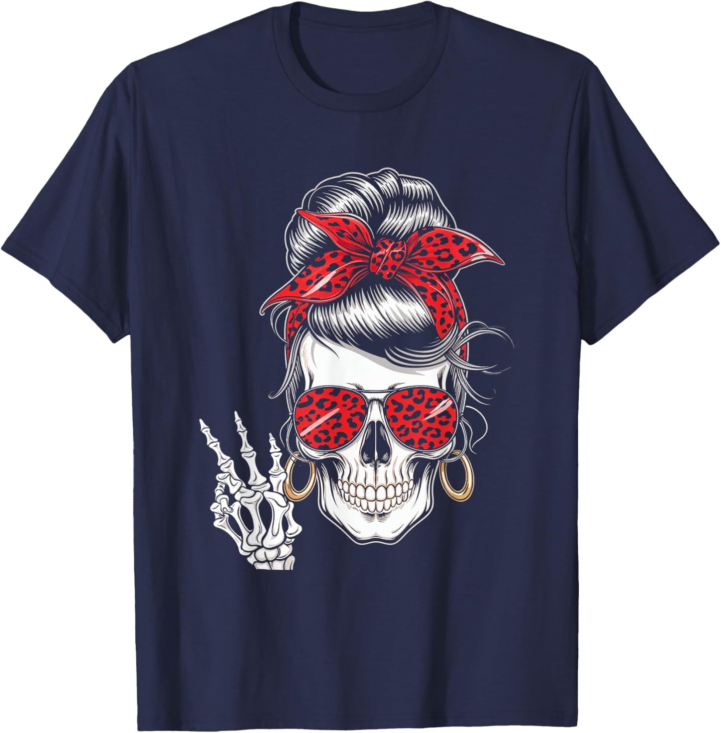 Messy Bun Skeleton Skull Leopard Bandana Fashion T-Shirt - T-Shirt | Navy