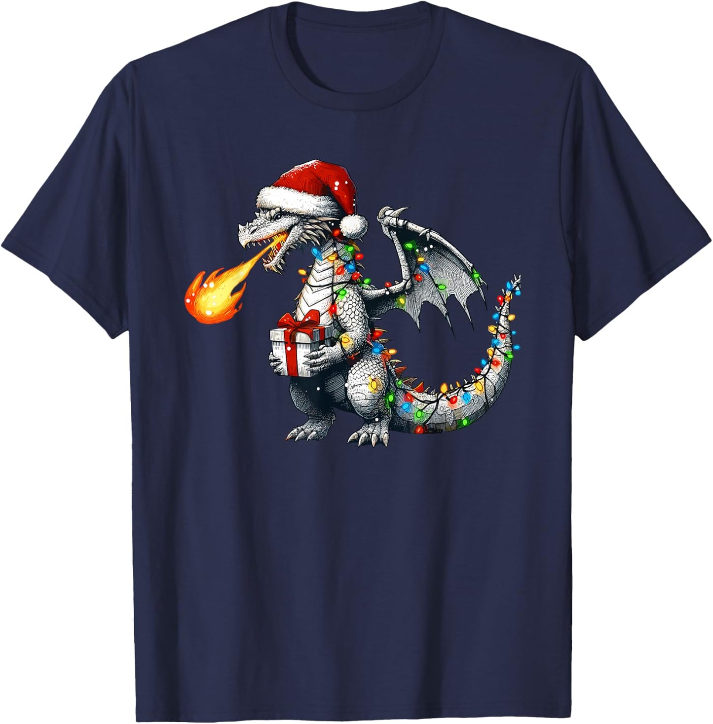 Dragon Wearing Santa Hat Holding A Present Box Xmas T-Shirt - T-Shirt | Navy