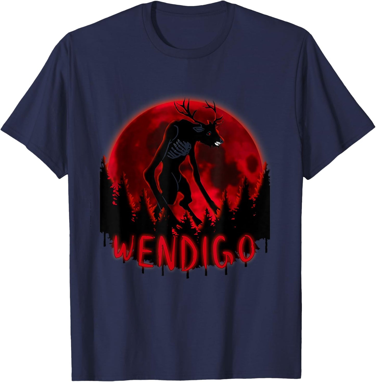 Red Full Moon in a ghost forest Wendigo Folklore T-Shirt - T-Shirt | Navy