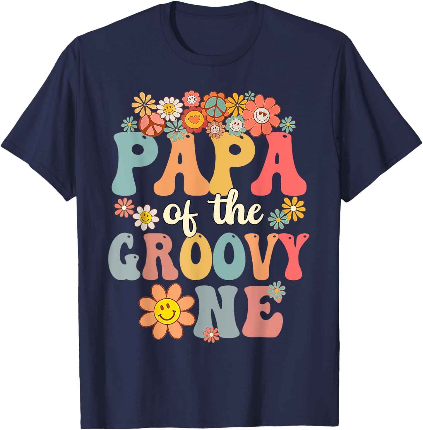 Retro Papa of Groovy One Matching Family 1st Birthday Party T-Shirt - T-Shirt | Navy