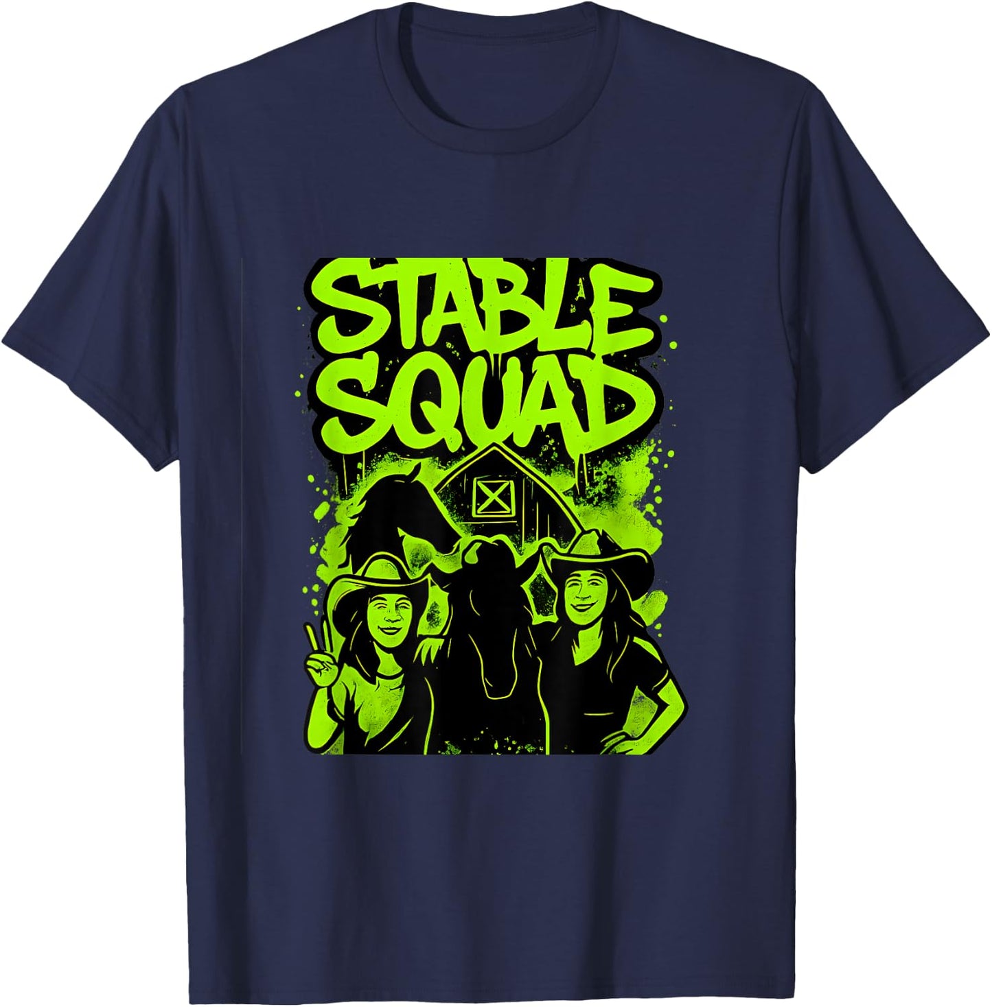 Stable Squad - Neon Green Horse Pattern T-Shirt - T-Shirt | Navy