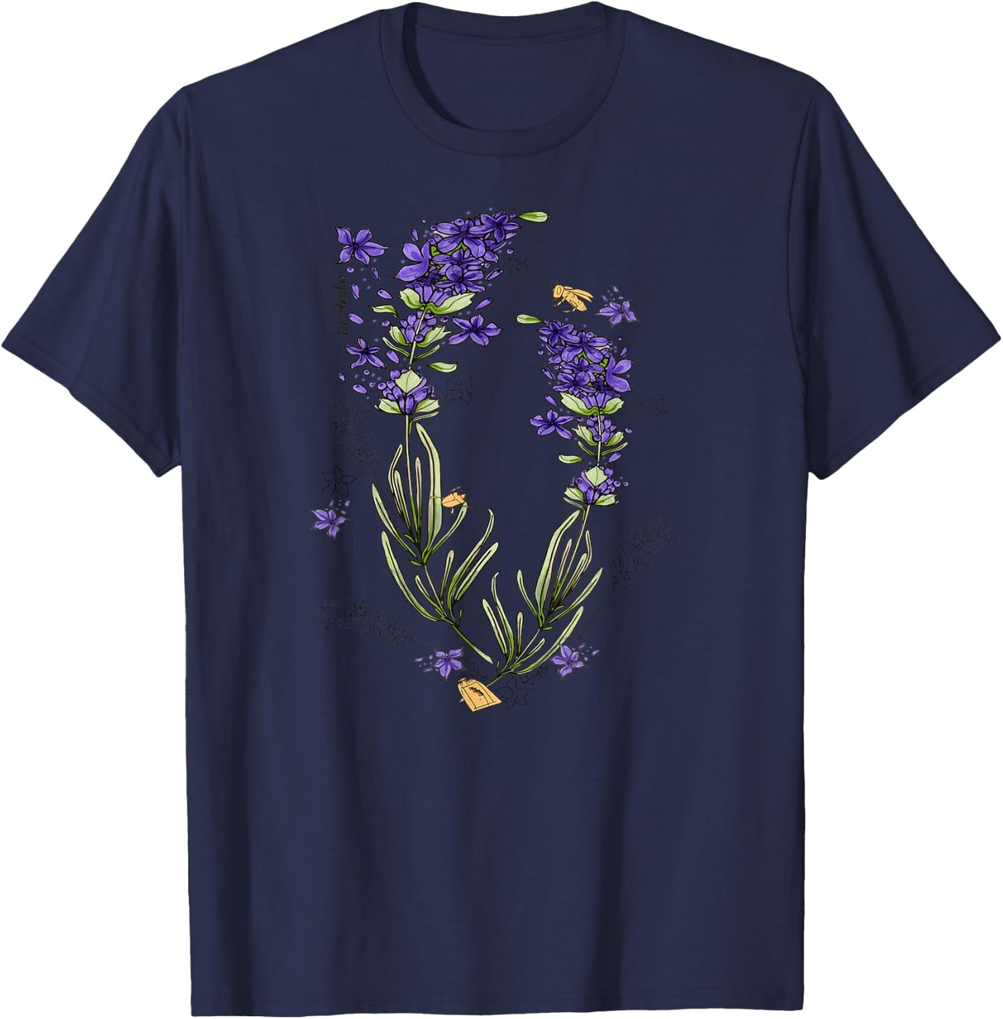 Lavender Purple Flowers Herb Field Botanical Stems T-Shirt - T-Shirt | Navy