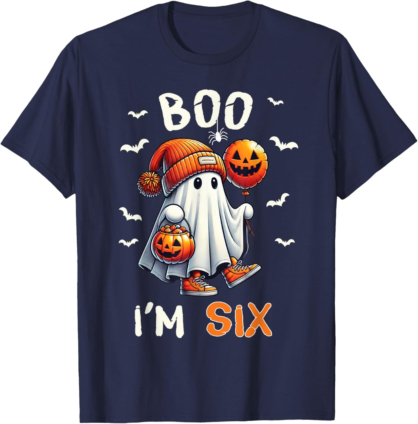 Boo I'm Six Ghost 6th Birthday Halloween Boy Kids Groovy T-Shirt - T-Shirt | Navy