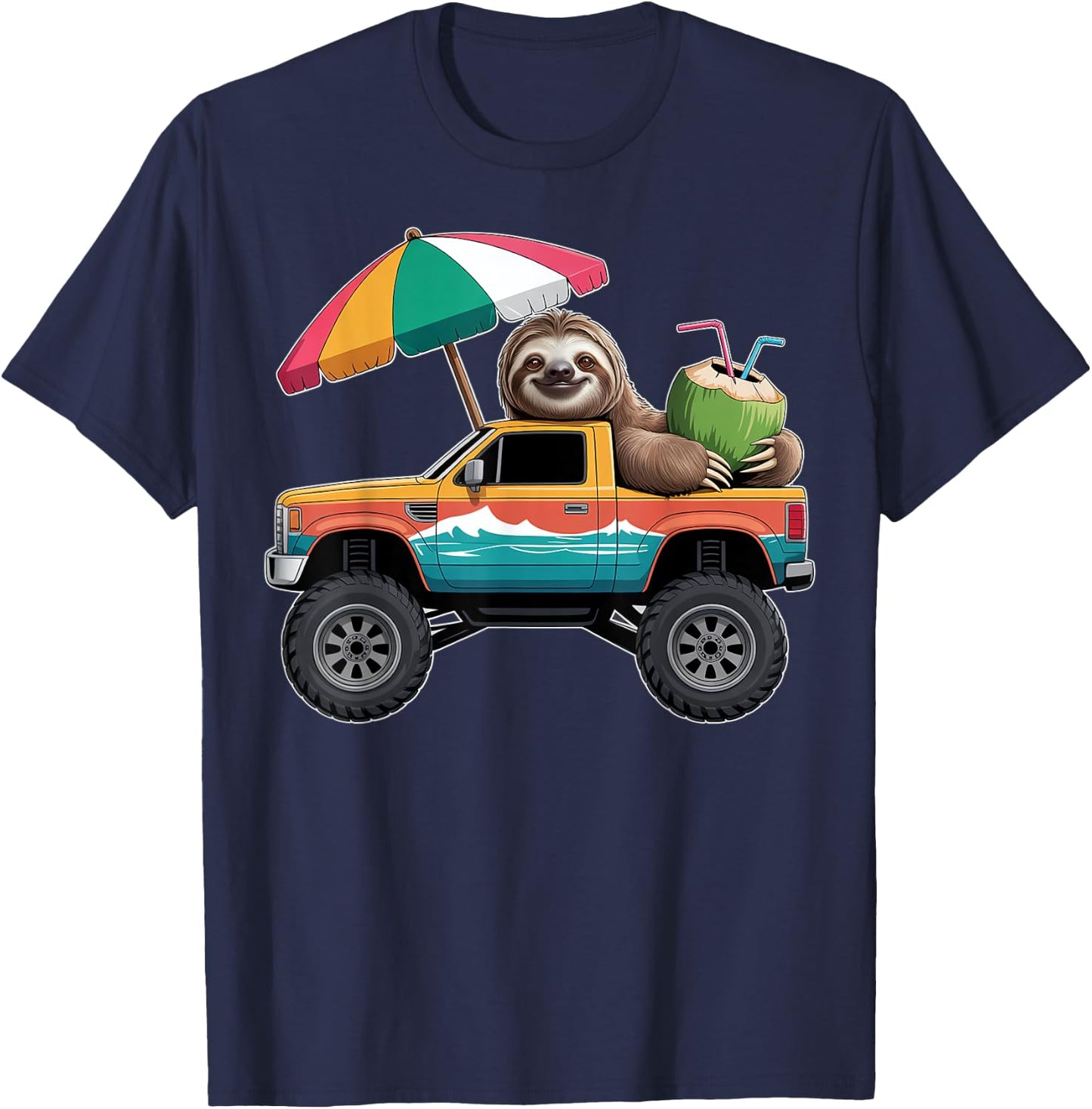 Cute Sloth Monster Truck with Coconut T-Shirt - T-Shirt | Navy
