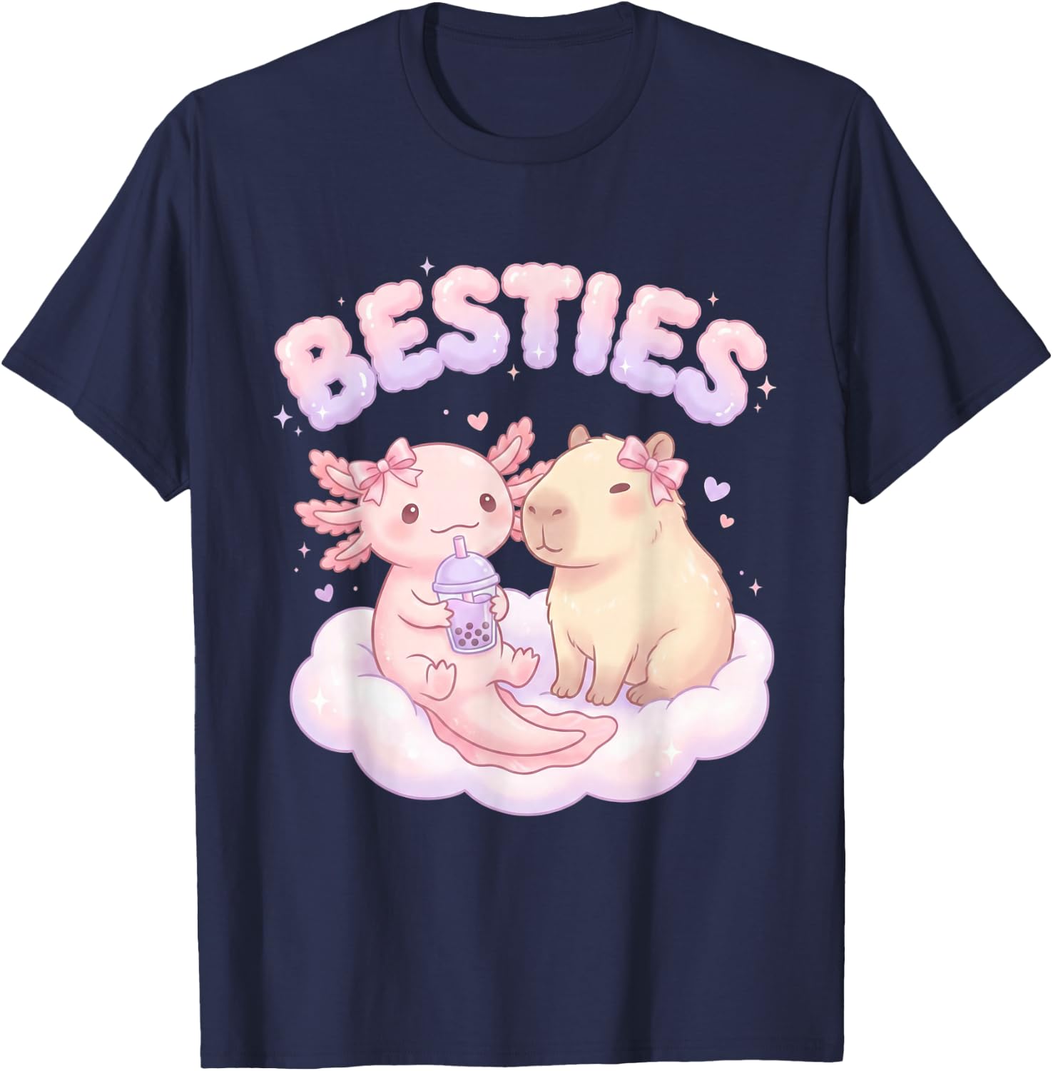 Besties Axolotl Capybara Bubble Tea Cute Kawaii Anime Tier T-Shirt - T-Shirt | Navy