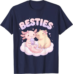 Besties Axolotl Capybara Bubble Tea Cute Kawaii Anime Tier T-Shirt - T-Shirt | Navy