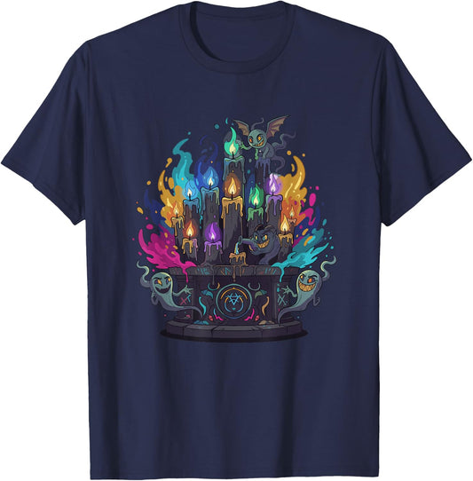 Colorful Haunted Altar Candles with Ghosts T-Shirt - T-Shirt | Navy