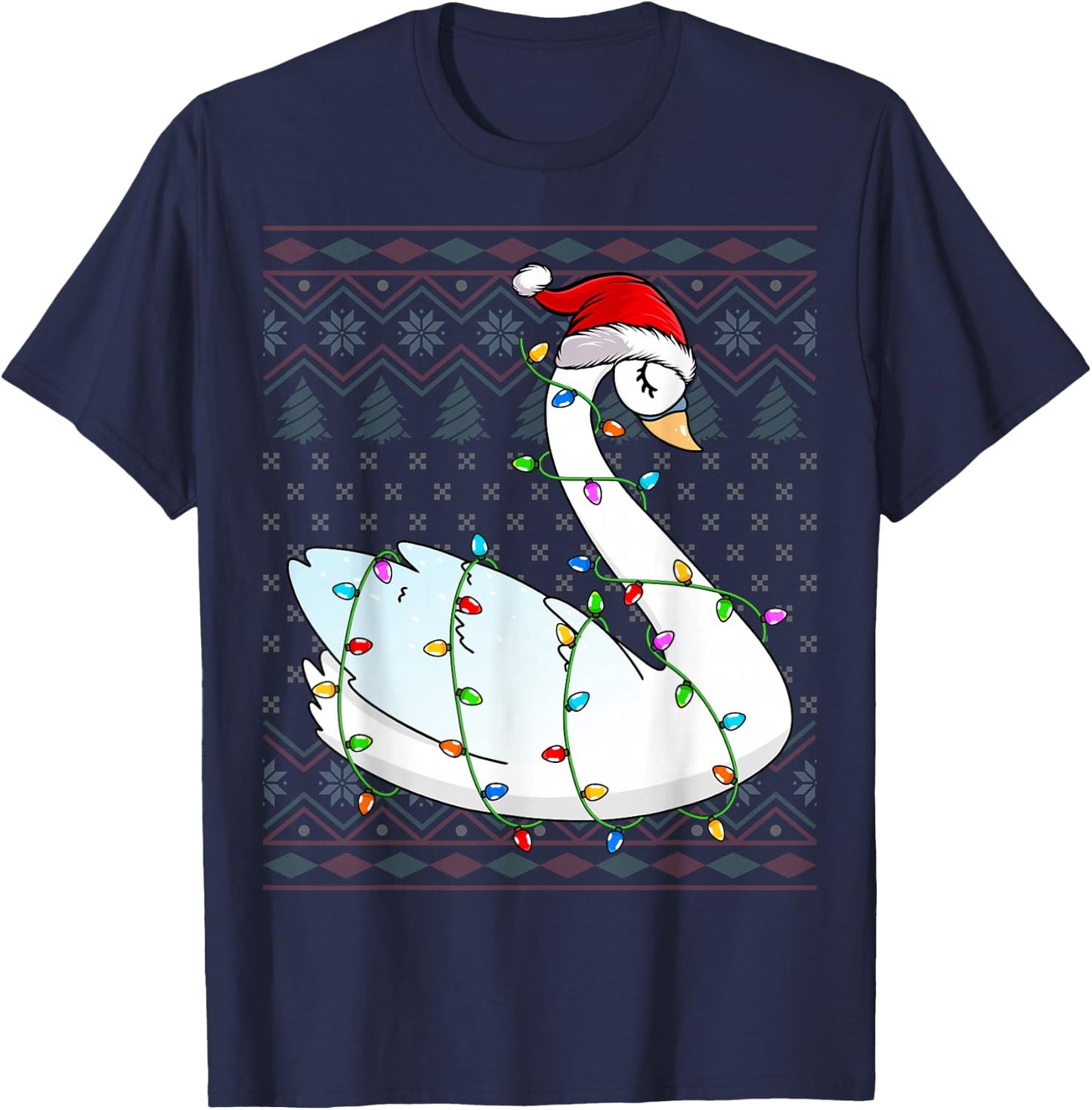Swans Xmas Lighting Santa Hat Swans Lover Ugly Christmas T-Shirt - T-Shirt | Navy