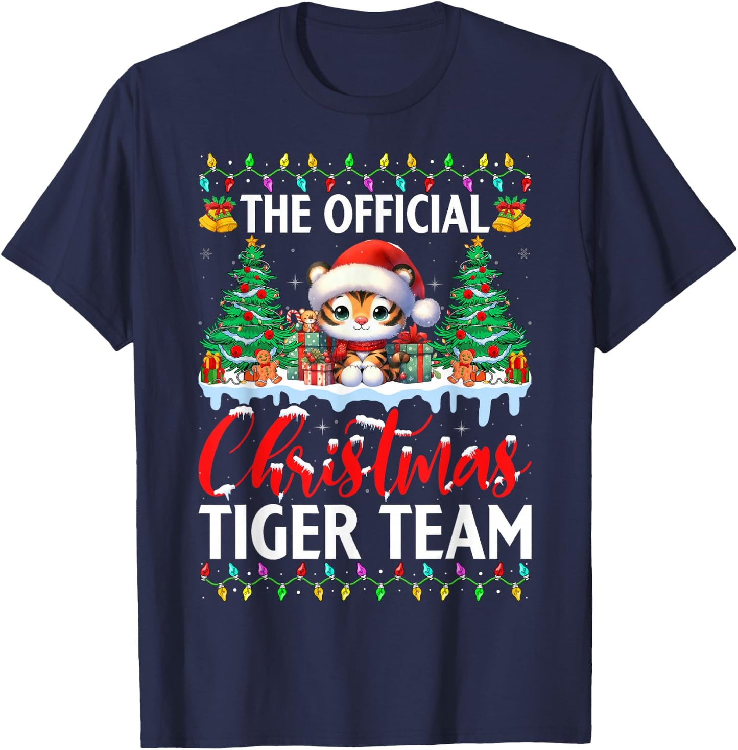 Cute Tiger Wearing Santa Hat Snow Xmas Christmas Tiger Team T-Shirt - T-Shirt | Navy