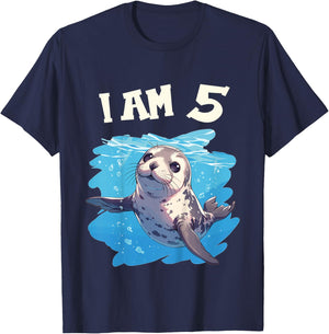 Kids 5 Years old 5 birthday Seals Boy Girl Seal T-Shirt - T-Shirt | Navy