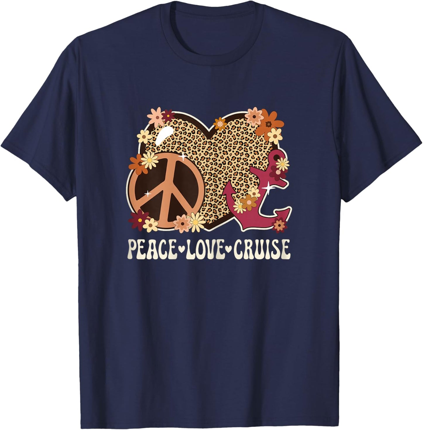 Peace Love Cruise Ship Lover Leopard Print Women Cute Cruise T-Shirt - T-Shirt | Navy