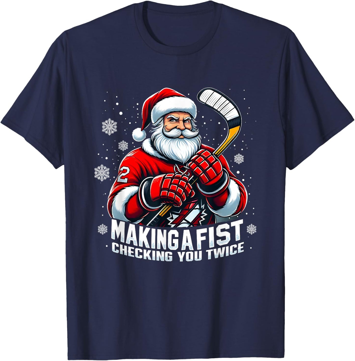 Xmas Santa Hockey Players Making A Fist Checking Your Twice T-Shirt - T-Shirt | Navy