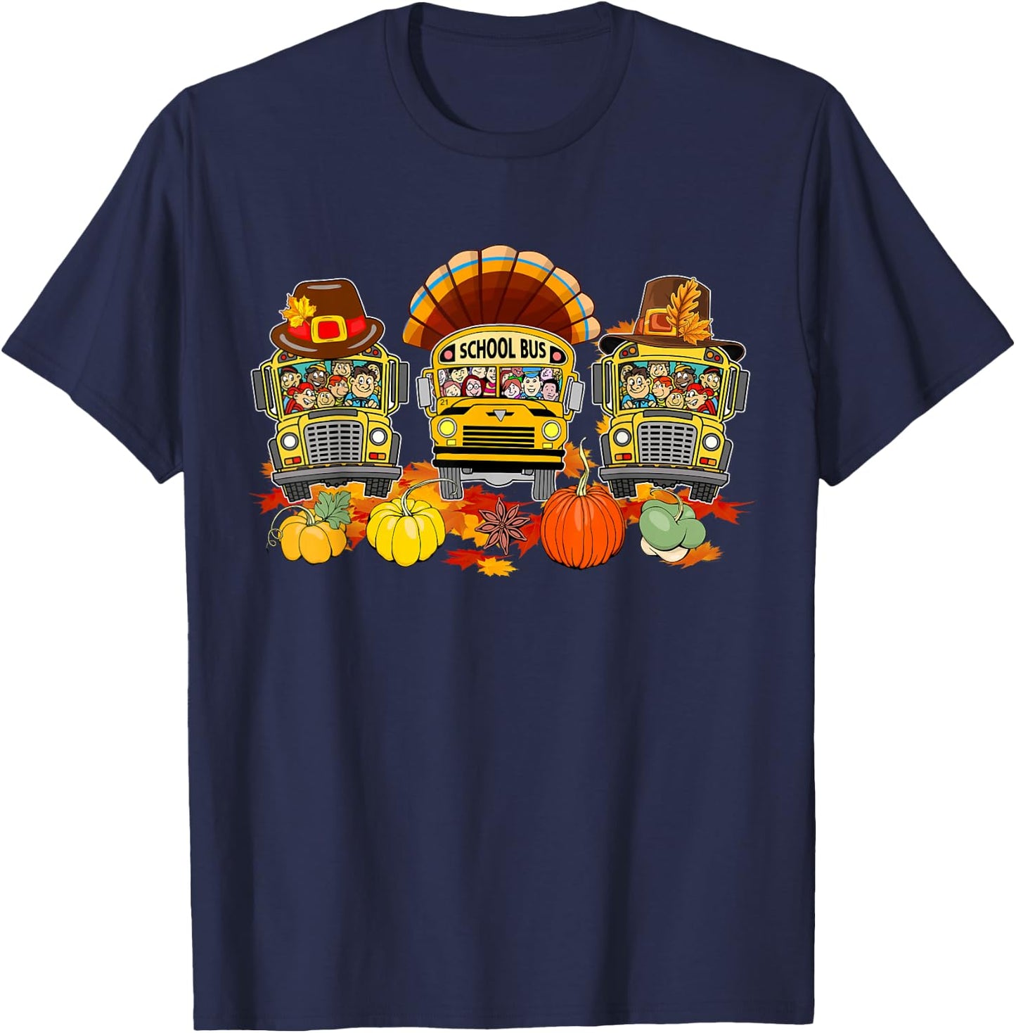 Thanksgiving Three Cute School Buses As Turkey Autumn Driver T-Shirt - T-Shirt | Navy