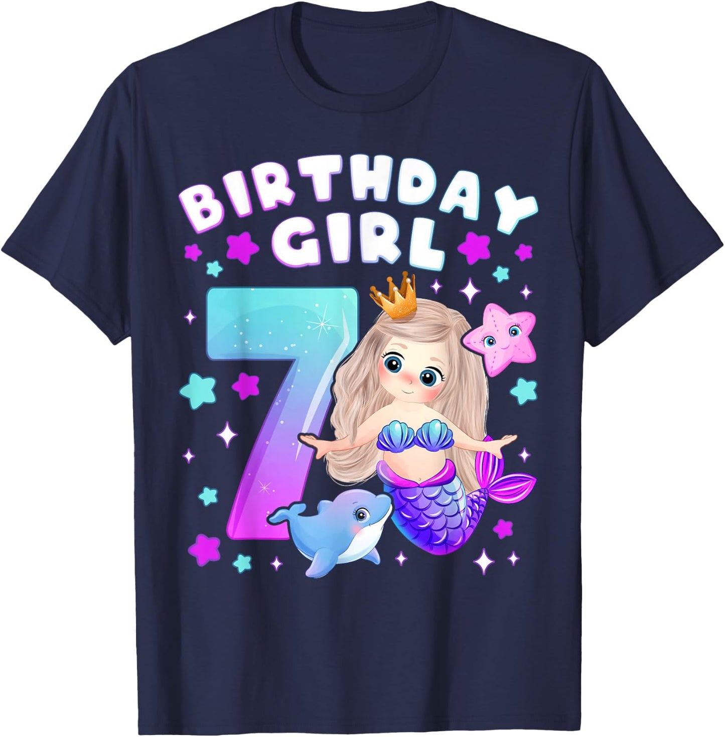 7th Birthday Girl 7 Years Mermaid Number 7 T-Shirt - T-Shirt | Navy