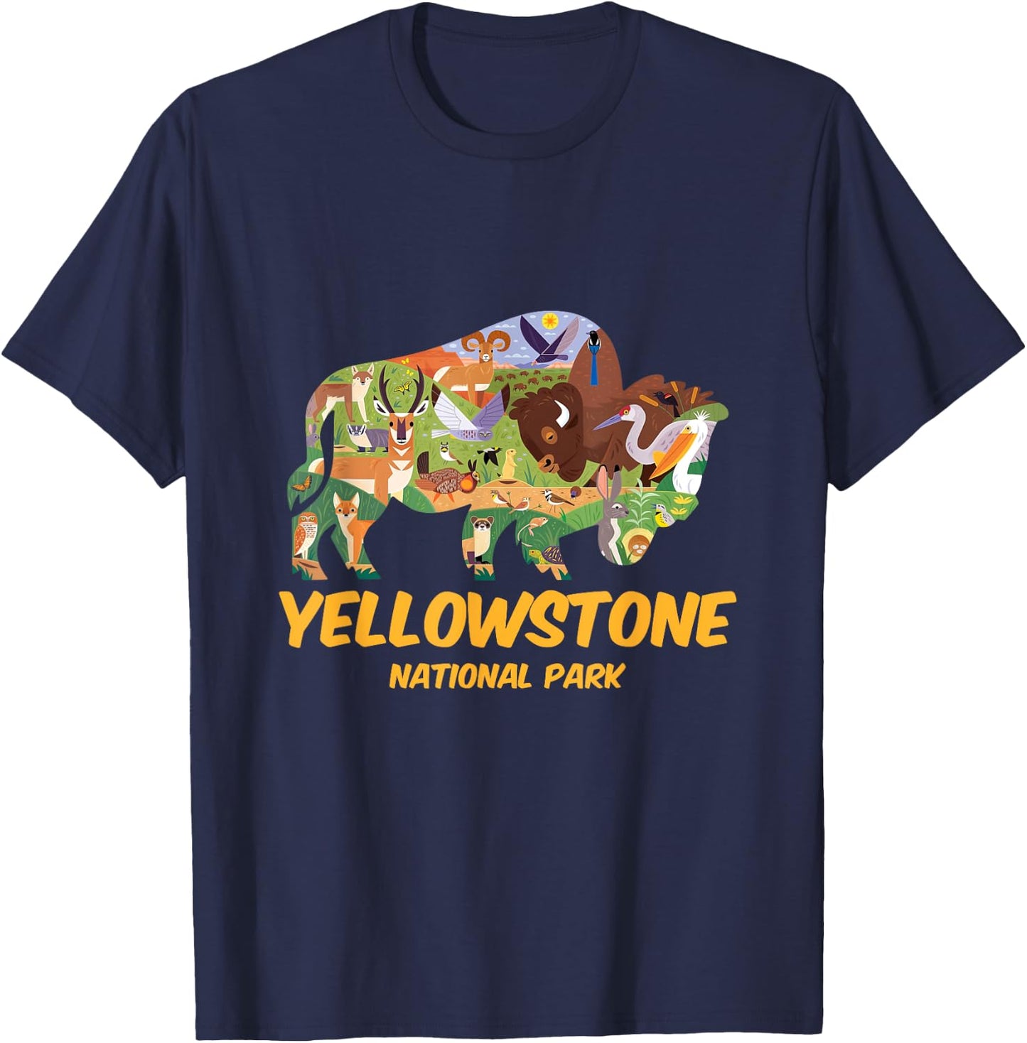 Yellowstone Animals Inside Bison Buffalo Silhouette Cartoon T-Shirt - T-Shirt | Navy