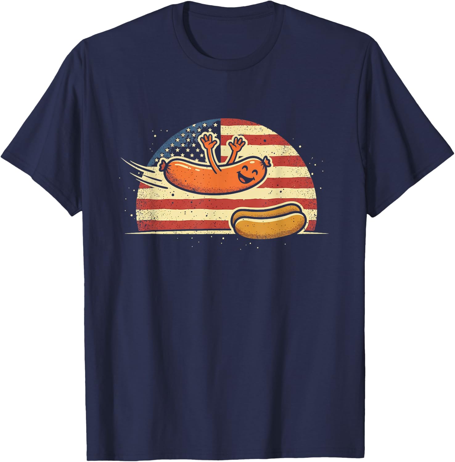 Hot Dog Jumping Into Bun Funny Sausage BBQ High Dive T-Shirt - T-Shirt | Navy