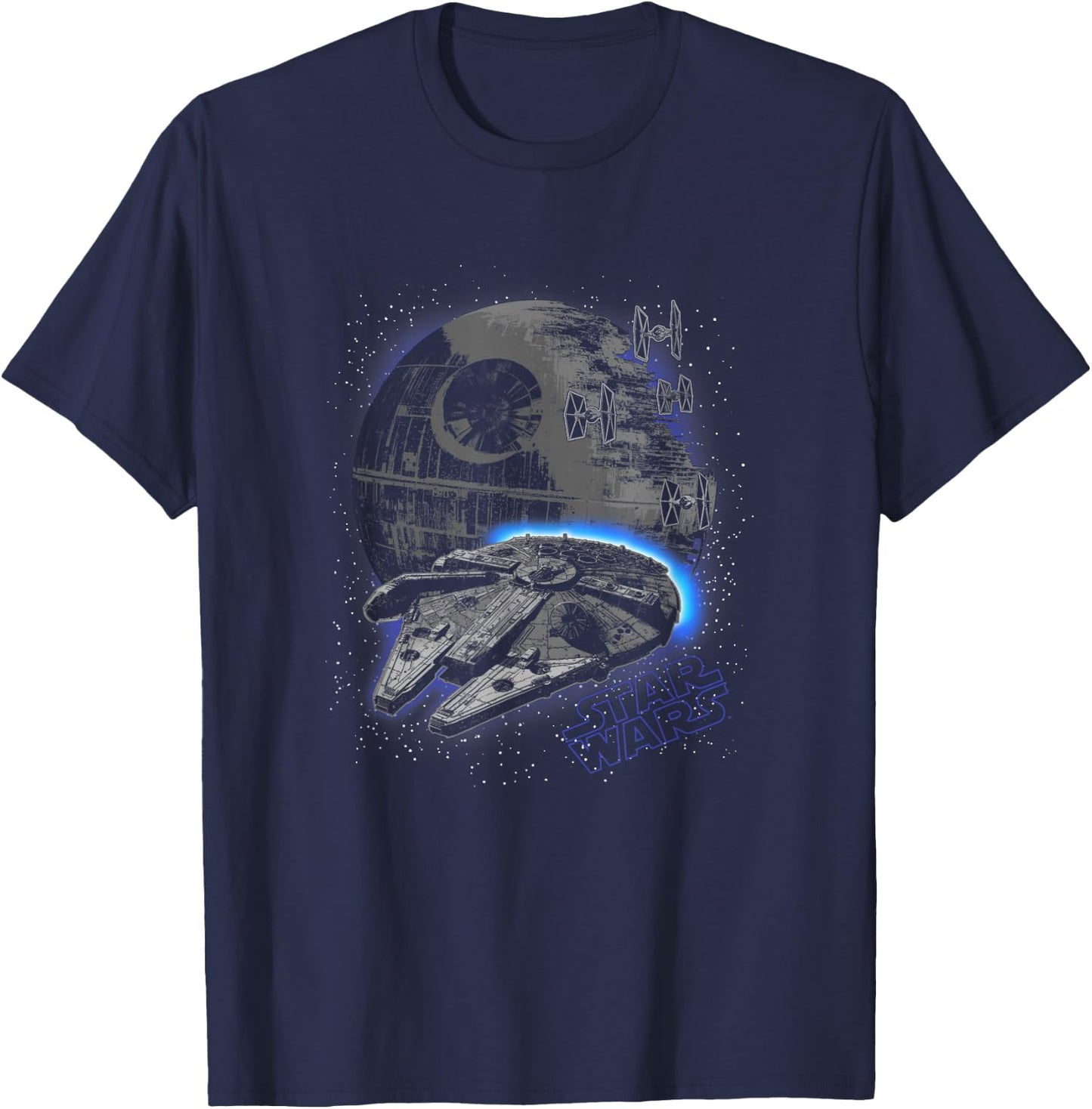 Star Wars Classic Millennium Falcon Flying Over Death Star T-Shirt - T-Shirt | Navy