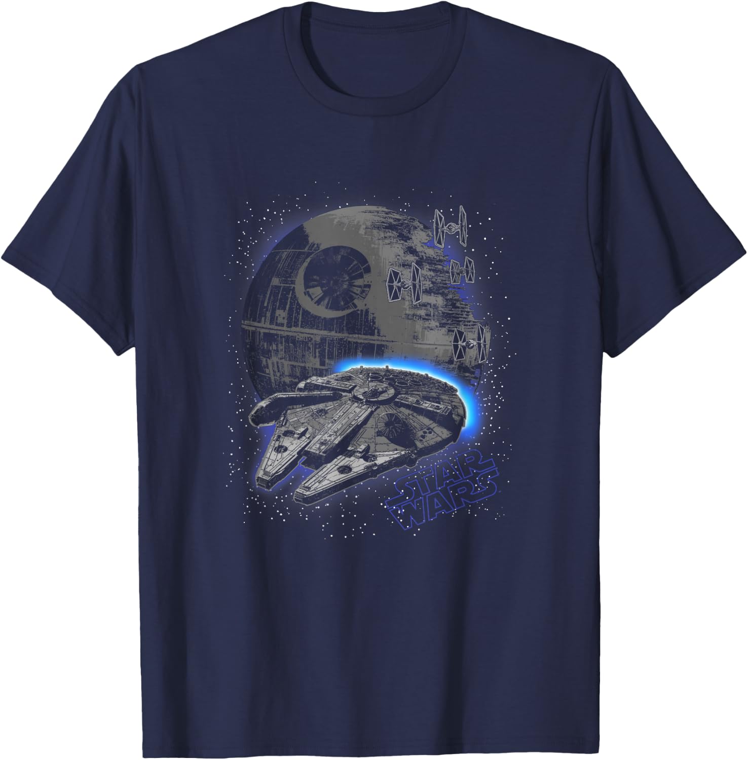 Star Wars Classic Millennium Falcon Flying Over Death Star T-Shirt - T-Shirt | Navy