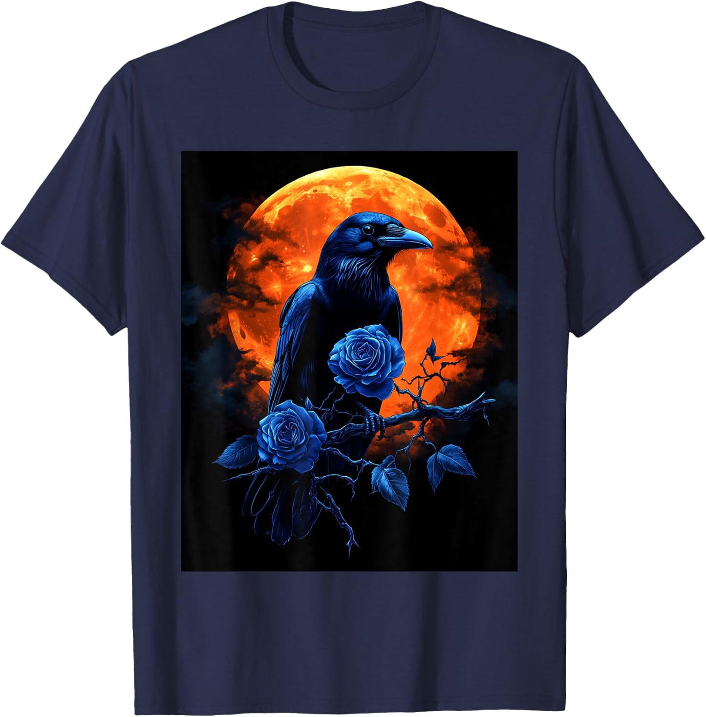 Raven Rose Moon Scary Black Gothic Spooky Women Black Crow T-Shirt - T-Shirt | Navy