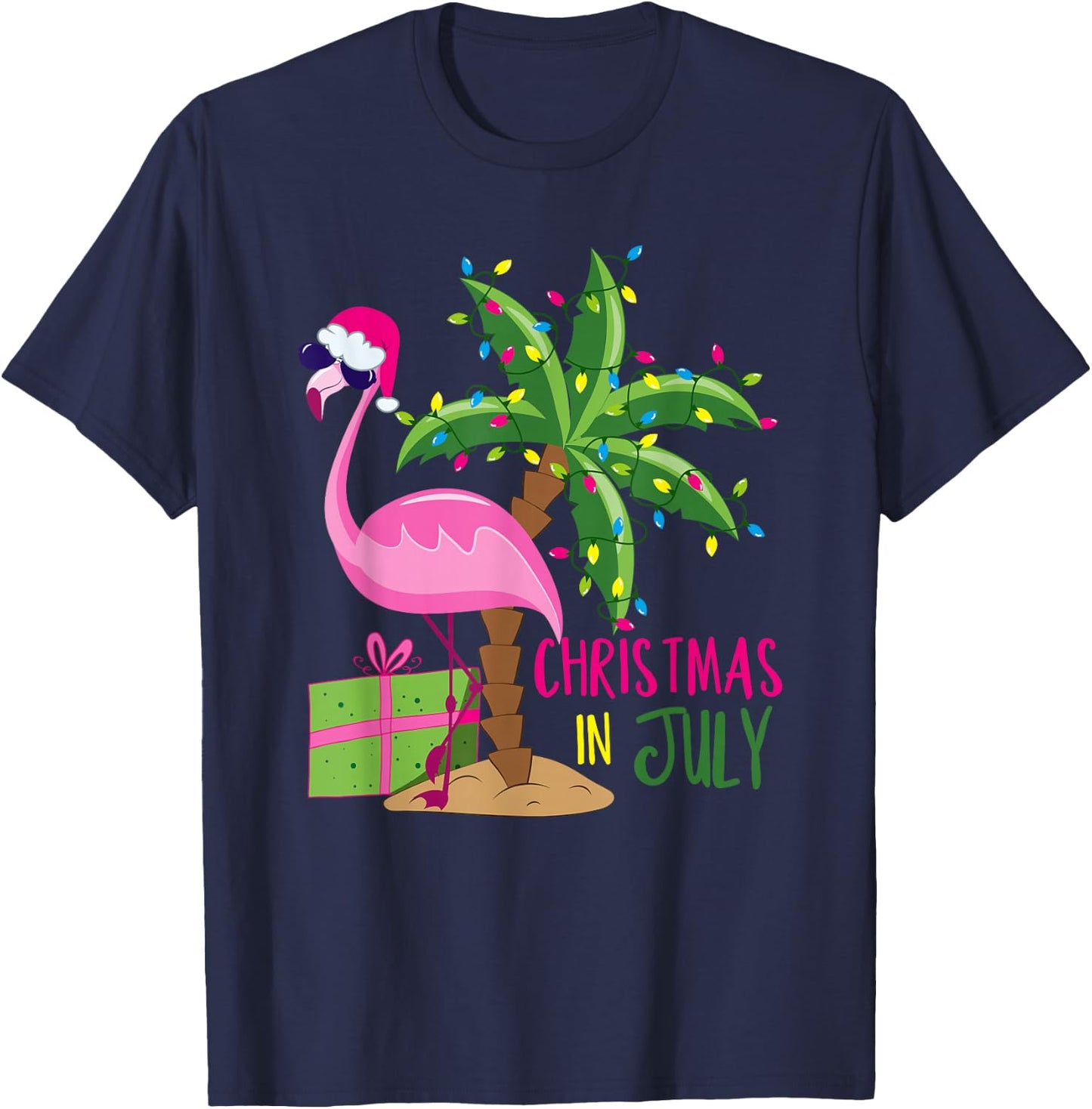 Flamingo Sunglasses Xmas Beach Tropical Christmas in July T-Shirt - T-Shirt | Navy