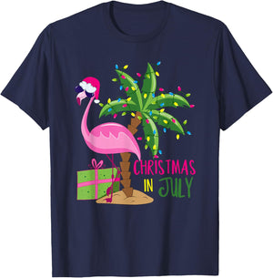 Flamingo Sunglasses Xmas Beach Tropical Christmas in July T-Shirt - T-Shirt | Navy
