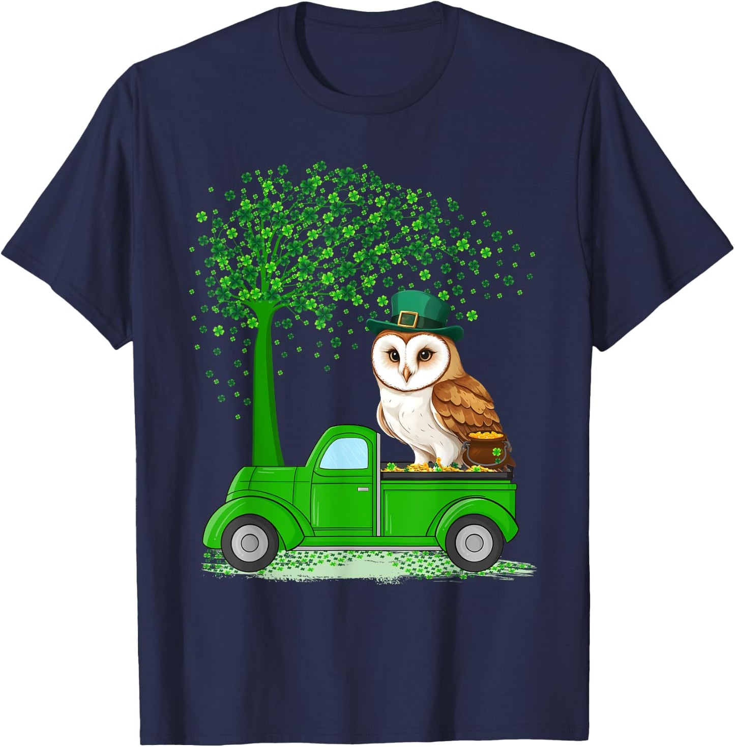 Irish Green Truck On Owl Bird St Patrick's Day Tree T-Shirt - T-Shirt | Navy