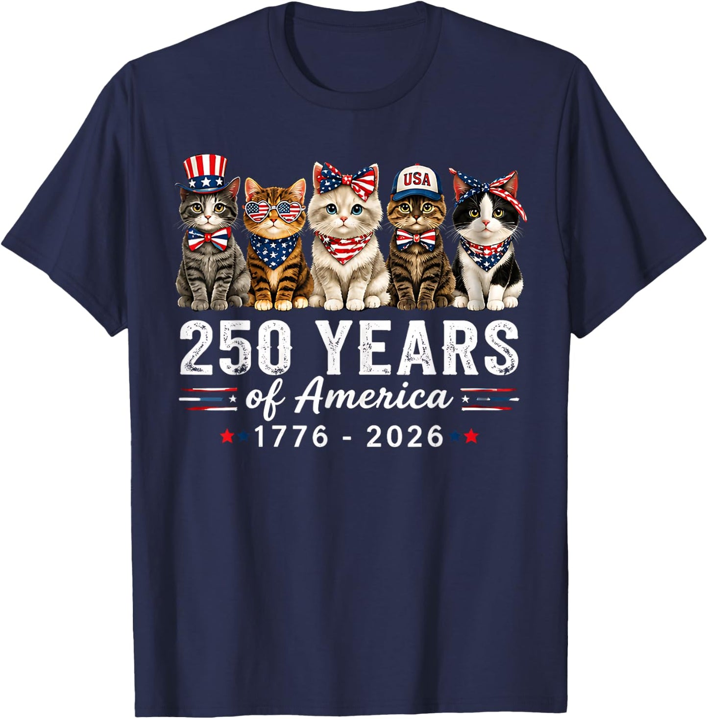 250 Years of America Cats Patriotic Cat Lover T-Shirt - T-Shirt | Navy