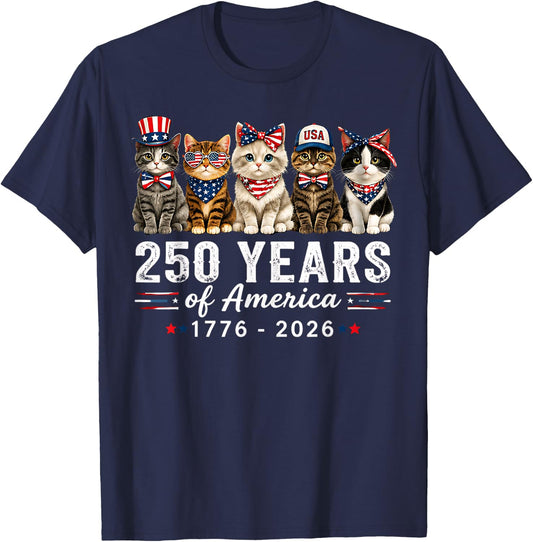 250 Years of America Cats Patriotic Cat Lover T-Shirt - T-Shirt | Navy