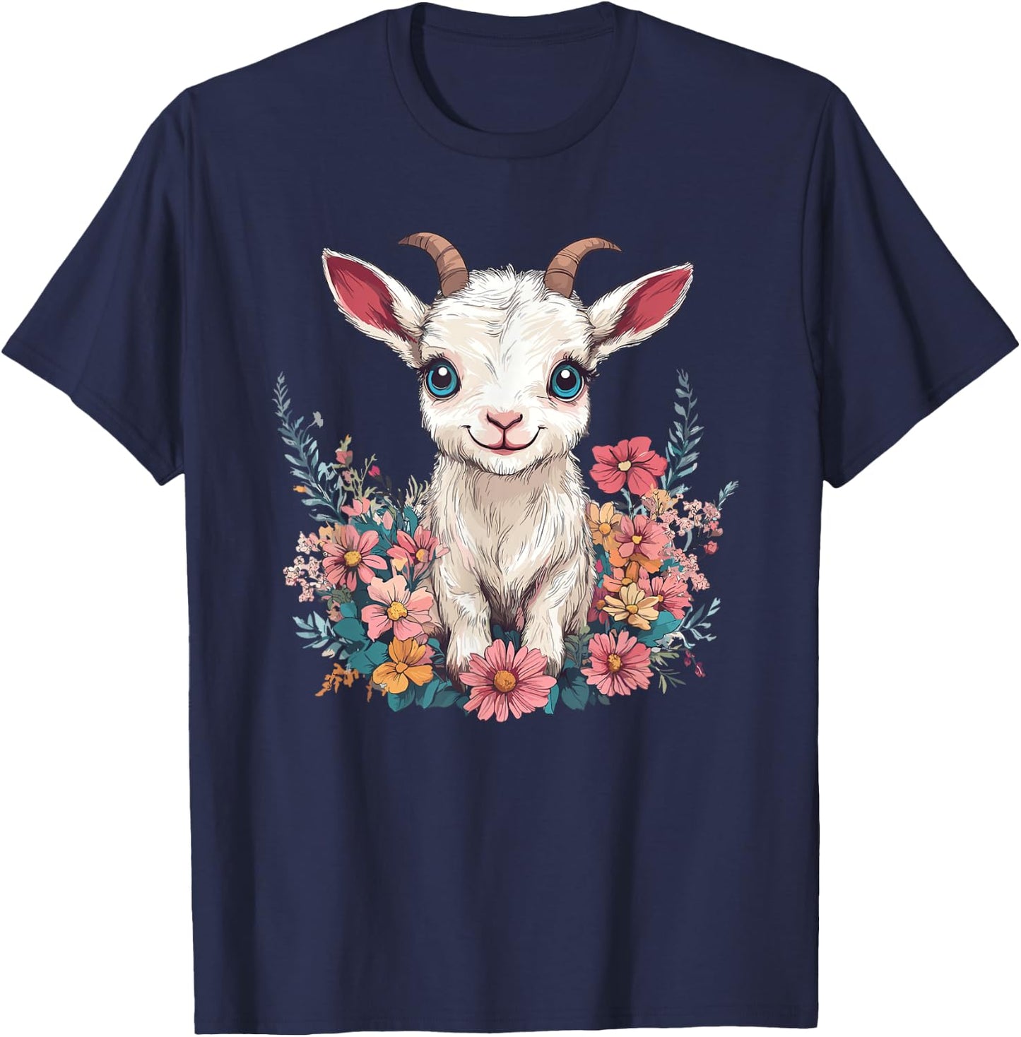 Adorable Baby Goat Surrounded By Flowers T-Shirt - T-Shirt | Navy