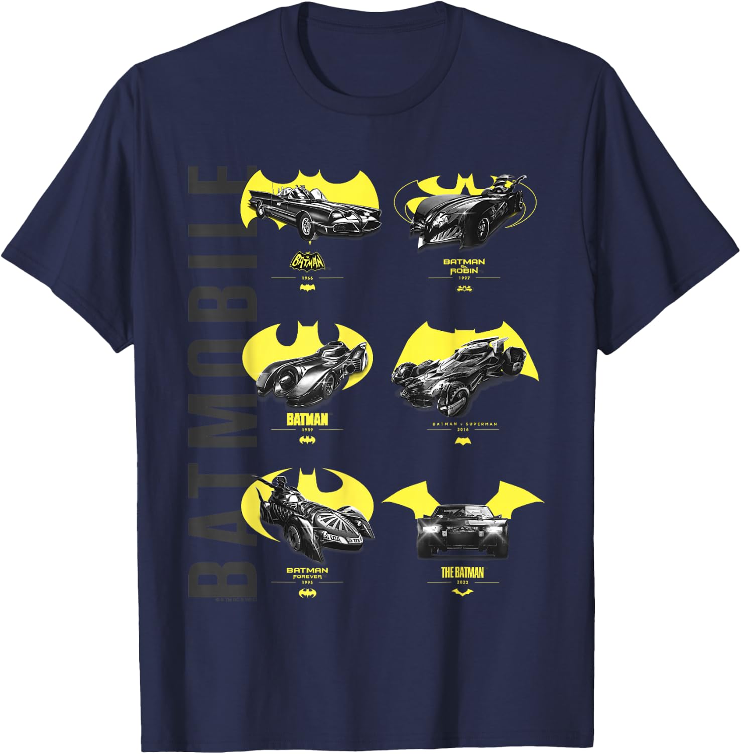 Batman Batmobiles Yellow Logos T-Shirt - T-Shirt | Navy