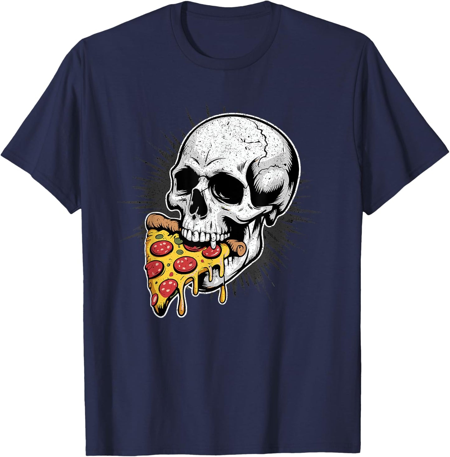Skull Eating Pizza Slice Gothic Food Humor T-Shirt - T-Shirt | Navy