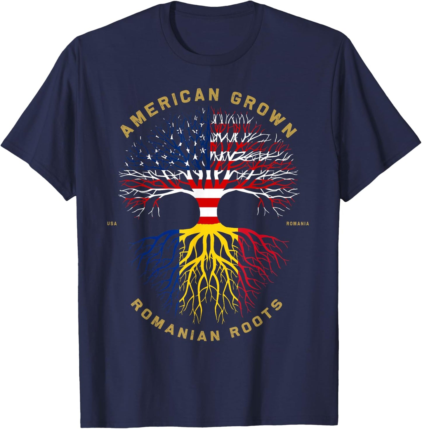 American Grown with Romanian Roots Tree USA Flag Gift T-Shirt - T-Shirt | Navy