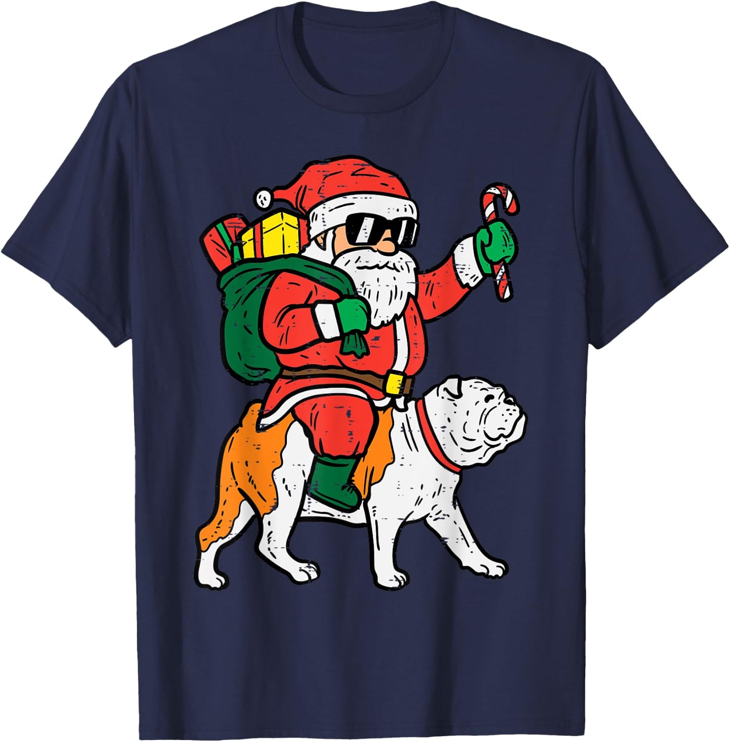 Santa Riding English Bulldog Christmas Xmas Women Kids T-Shirt - T-Shirt | Navy