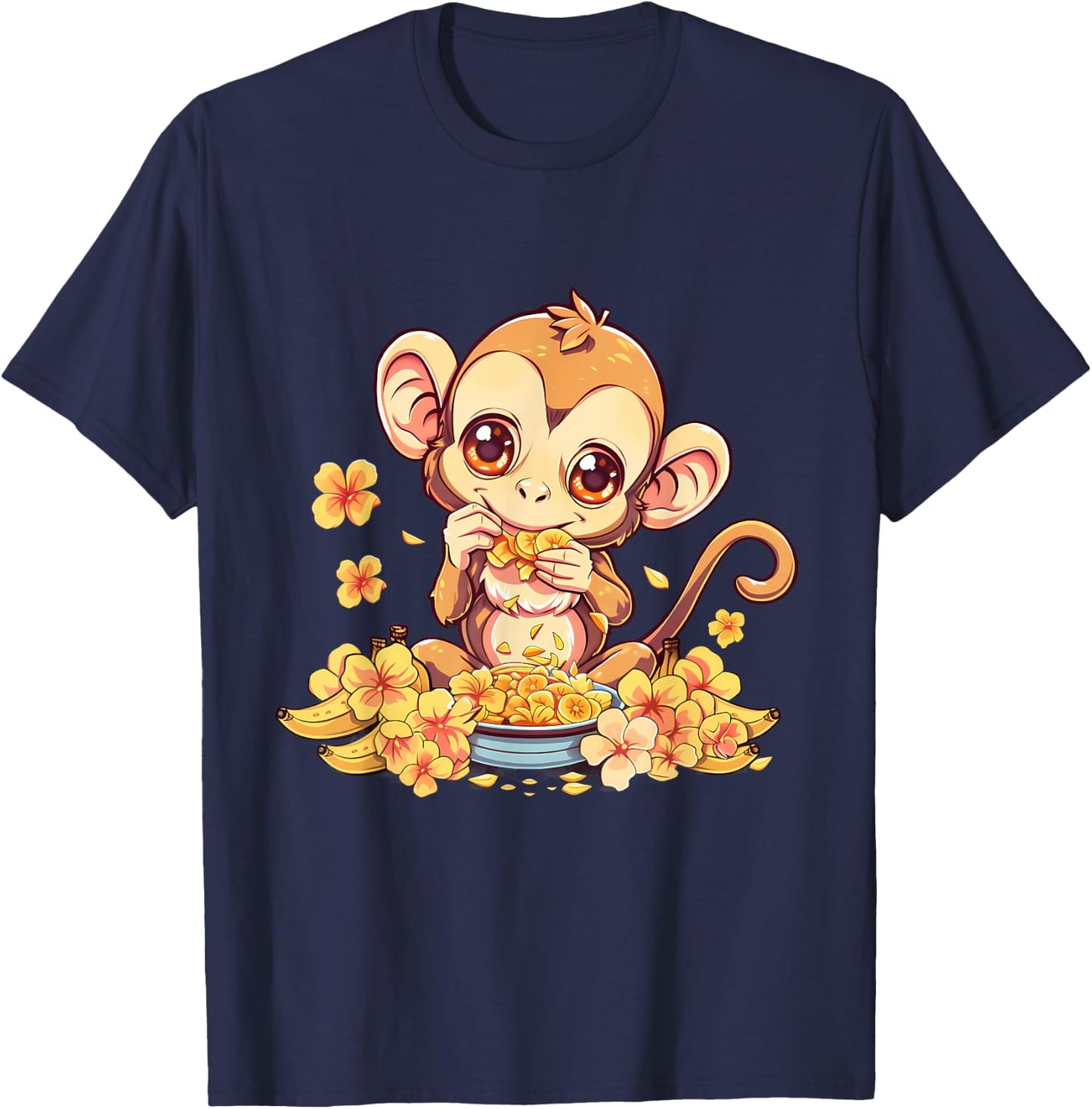 Banana Monkey Floral Bananas Fruit Artwork Cute Monkey T-Shirt - T-Shirt | Navy
