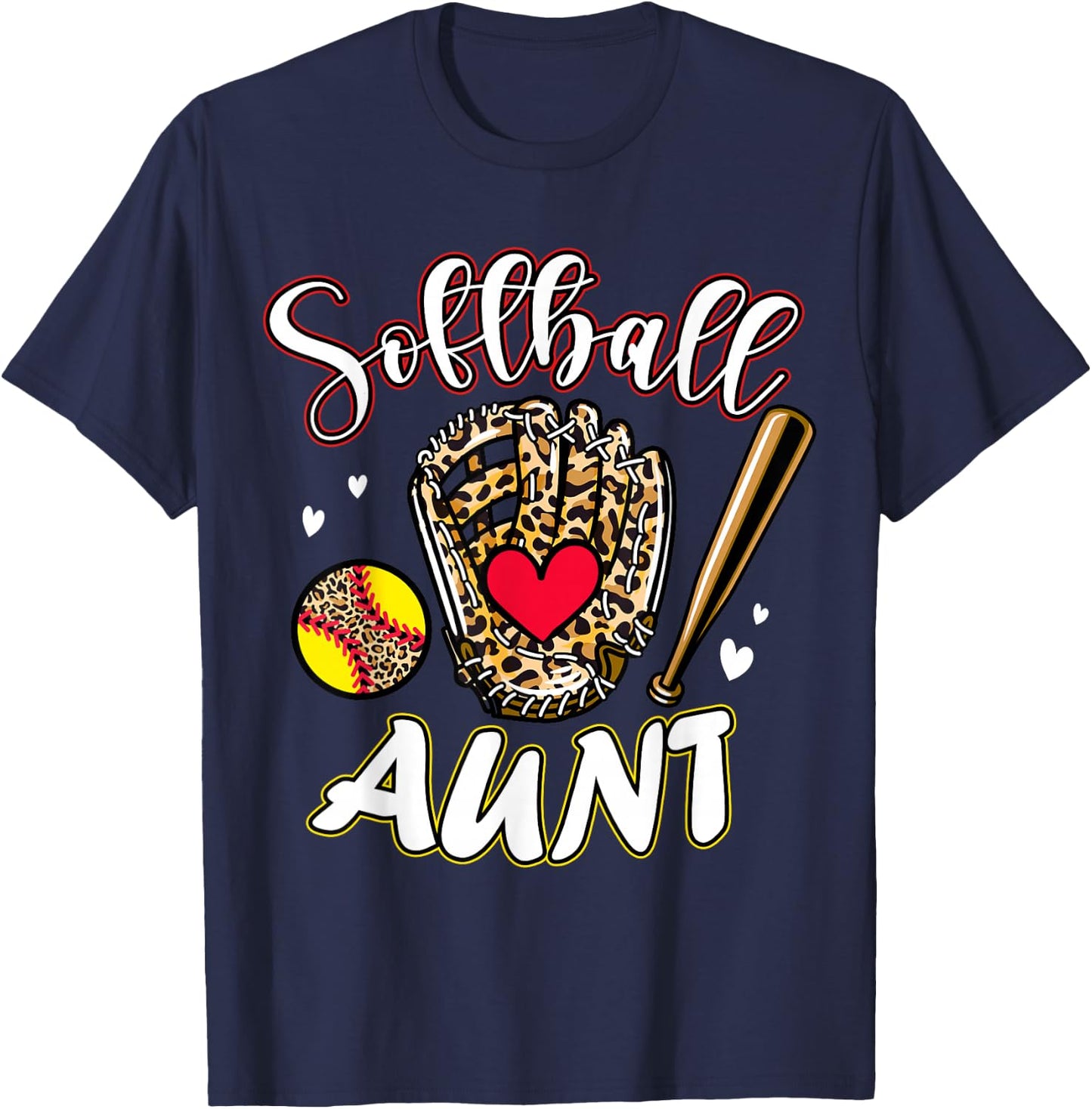 Softball Aunt Leopard Game Day Softball Cute Matching Family T-Shirt - T-Shirt | Navy