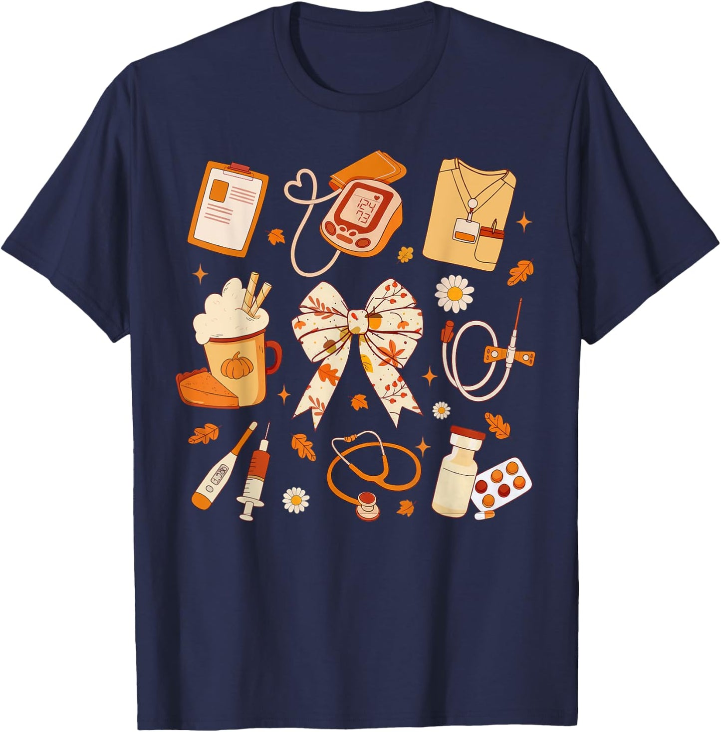 Thankful Nurse Fall Stethoscope Coquette Bow Thanksgiving T-Shirt - T-Shirt | Navy