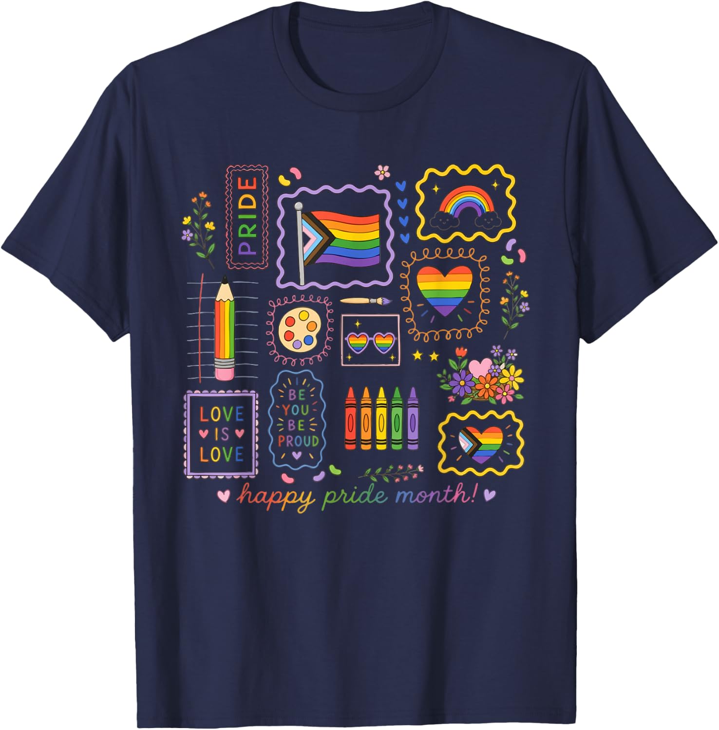 Rainbow Flag Happy Pride Month Gay Ally LGBTQ Love is Love T-Shirt - T-Shirt | Navy