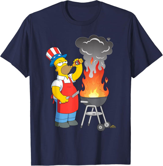 The Simpsons Homer Simpson 4th of July Beer & BBQ Cookout T-Shirt - T-Shirt | Navy