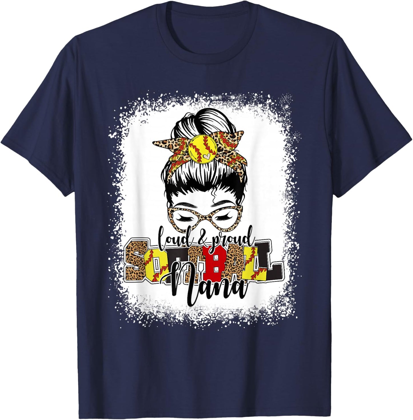 Bleached Softball Nana Leopard Messy Bun Funny Mothers Day T-Shirt - T-Shirt | Navy
