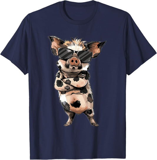 Kune Kune Pig Accessories & KuneKune Clothes -Adult Black Animal Print Design Short Sleeve Cotton Blend Classic Fit Small T-Shirt - T-Shirt | Navy