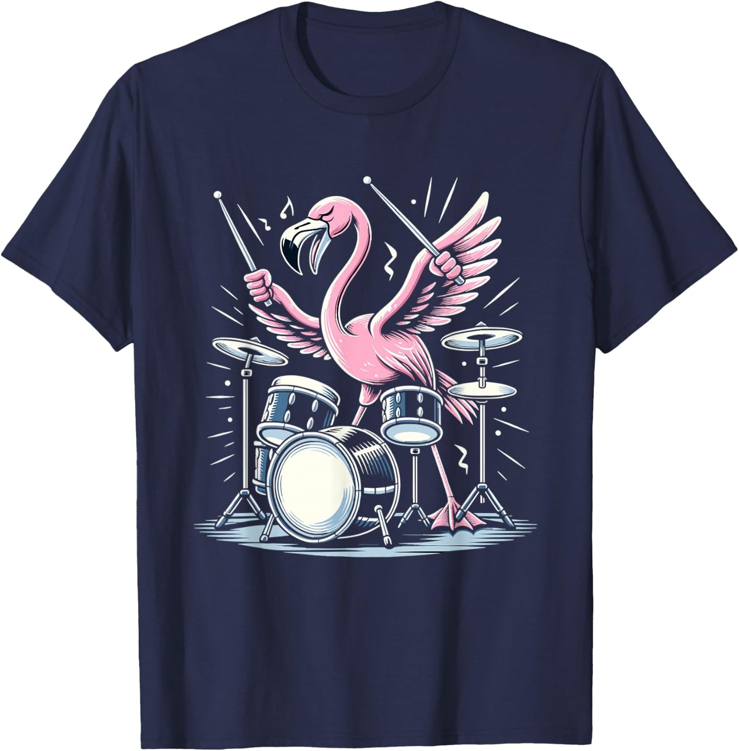 Drummer Flamingo Drumming Player Playing Drums Drumset T-Shirt - T-Shirt | Navy