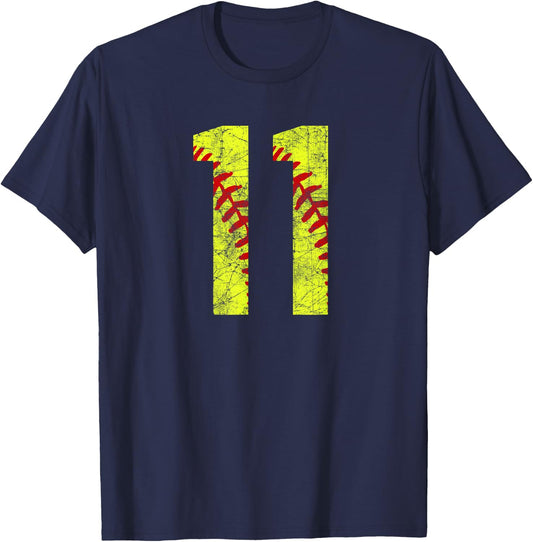 Vintage Distressed Grunge Softball 11 Jersey Number T-Shirt - T-Shirt | Navy