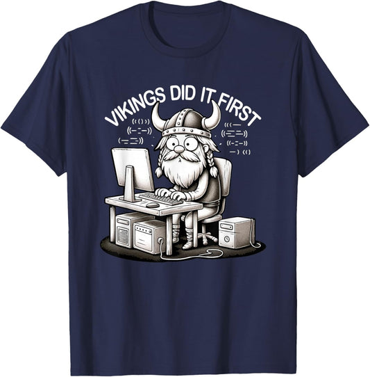 Vikings Did It First Bearded Viking Computer PC Walhalla , black T-Shirt - T-Shirt | Navy
