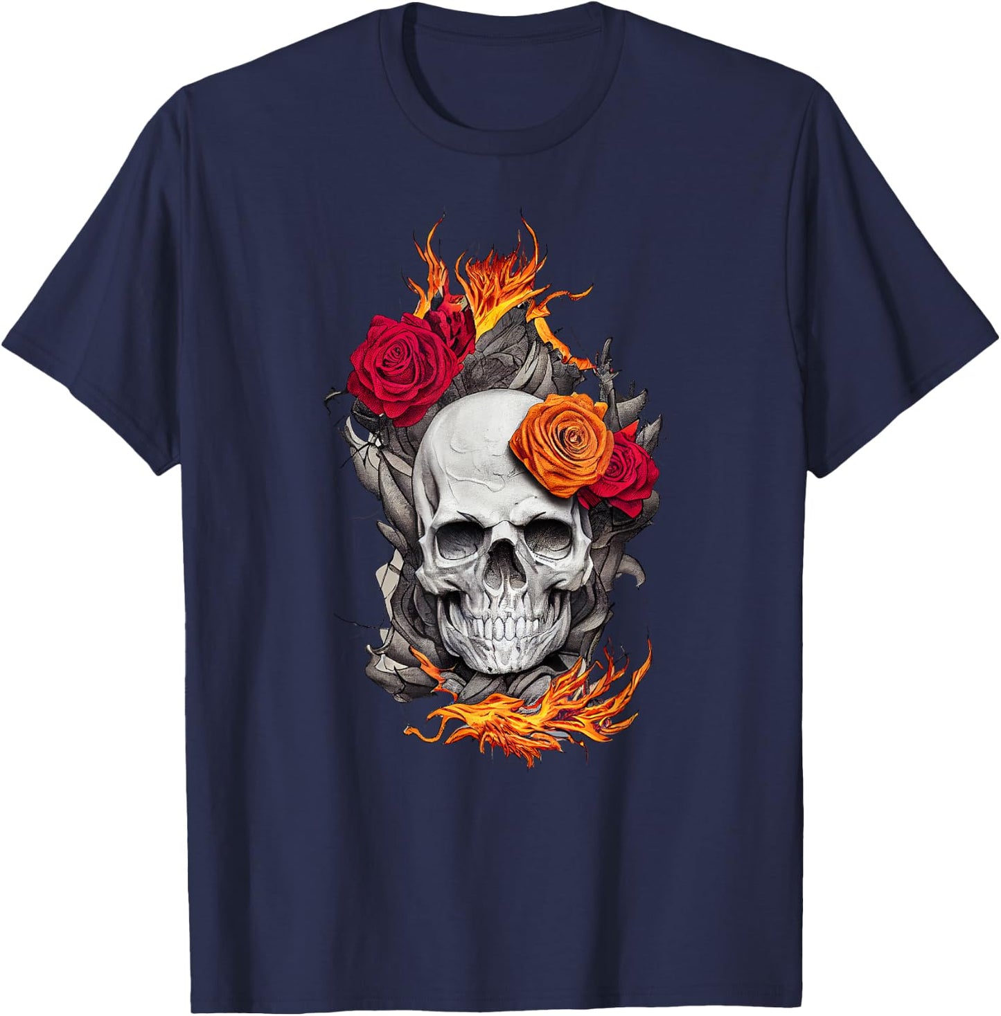 Flaming Skull and Roses T-Shirt - T-Shirt | Navy