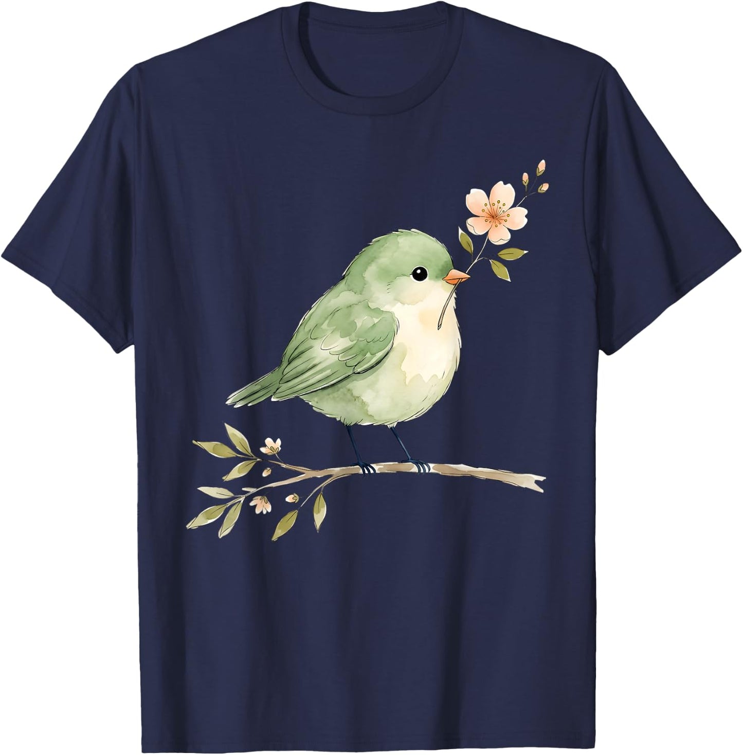 Cute Bird with Flower Vintage Nature Lover Spring Aesthetic T-Shirt - T-Shirt | Navy