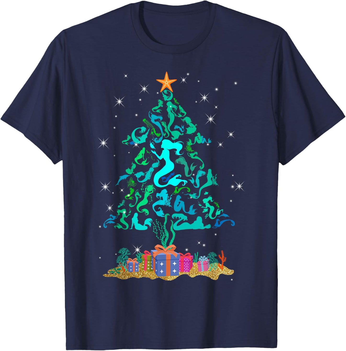 Retro Mermaid Christmas Tree Funny Mermaid Xmas T-Shirt - T-Shirt | Navy