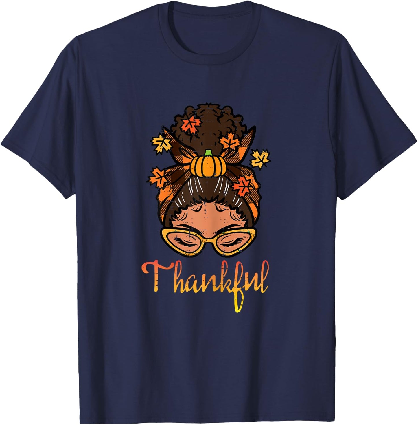Thanksgiving Black Woman Bun Thankful Fall Women Girls Kids T-Shirt - T-Shirt | Navy
