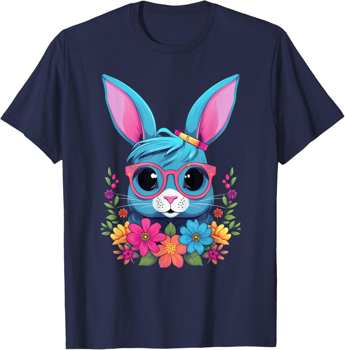 Cute Rabbit Girl With Flowers I Rabbit T-Shirt - T-Shirt | Navy