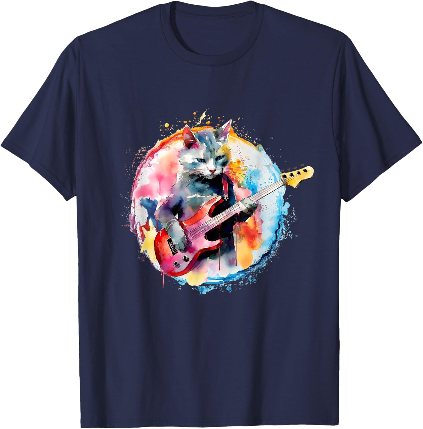 Cat Playing Bass Guitar Watercolor Graphic Design Women Girls Kids T-Shirt - T-Shirt | Navy